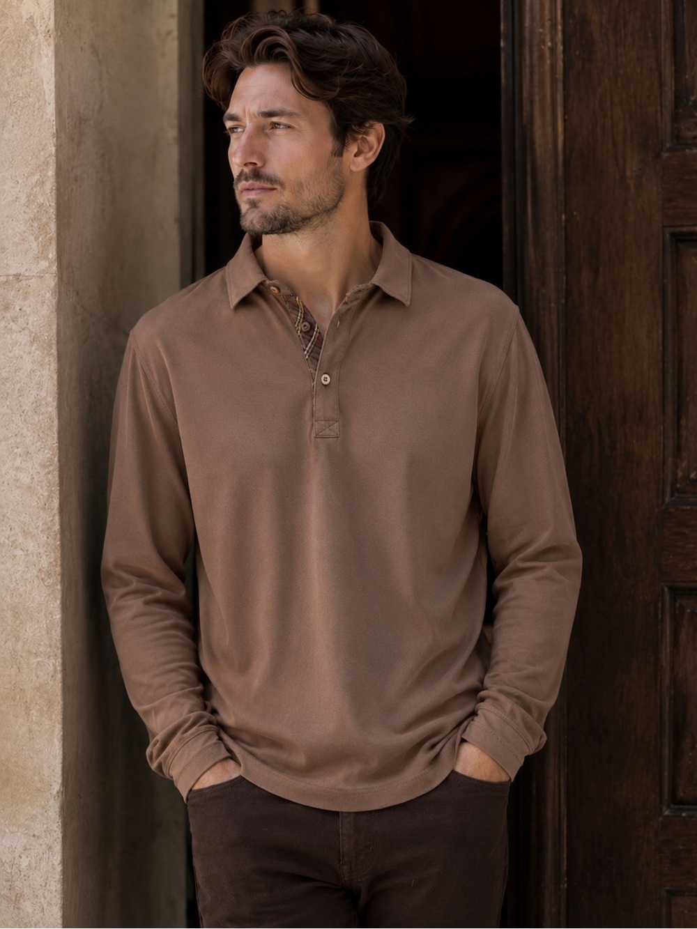 Bugatchi Uomo Brown Stretch Knit Long Sleeve Polo Plaid Trim Contrast Size Large